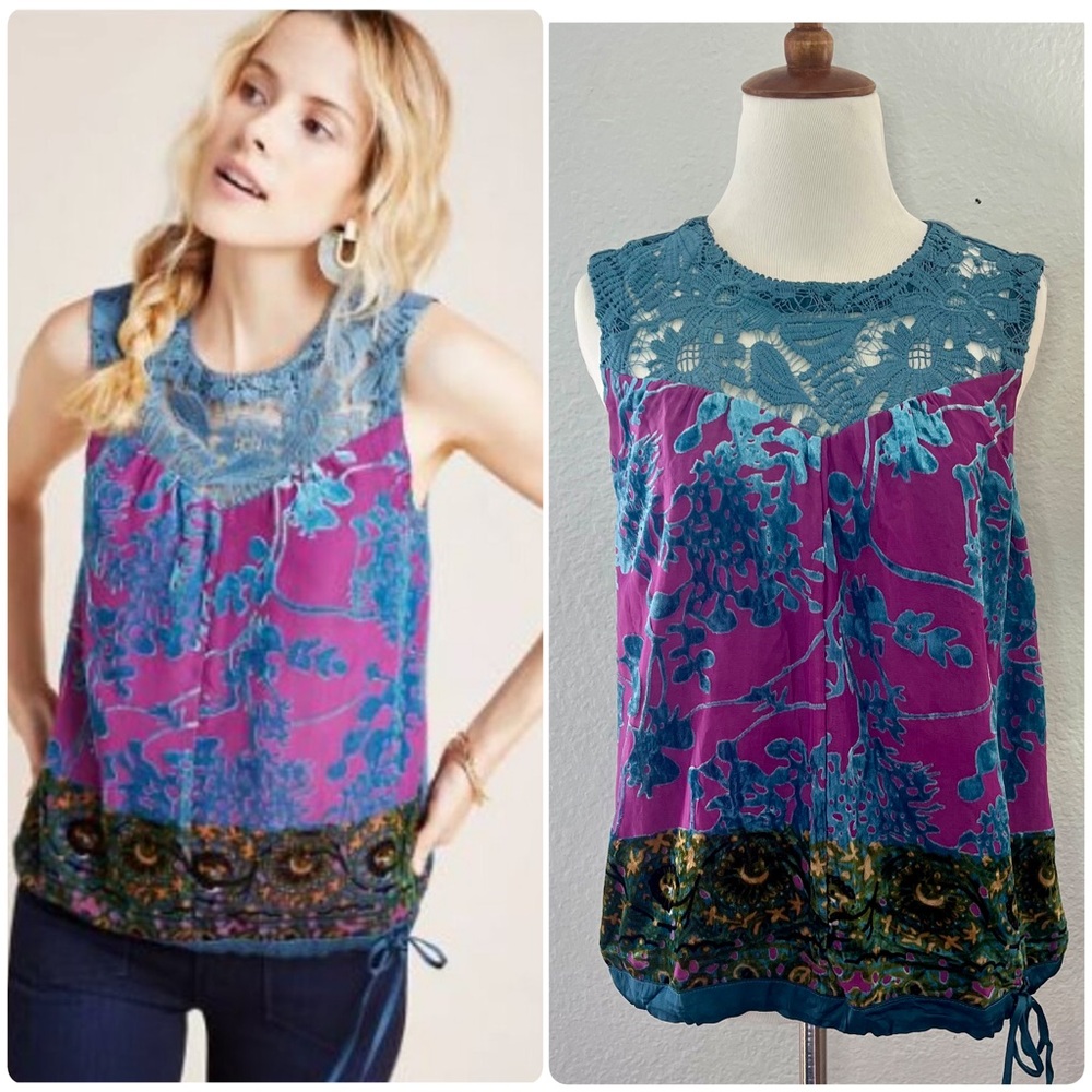 Floral Lace Trim Sleeveless Top - Purple and Blue